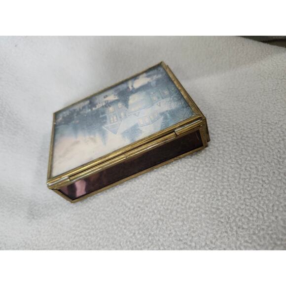 Vintage Enesco Thomas Kinkade Etched Glass Brass Jewelry Trinket Box Cottage - Picture 10 of 16